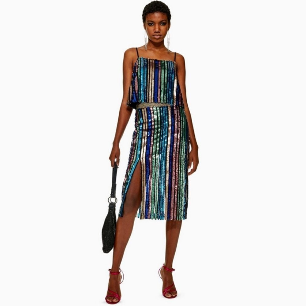NWT Topshop multicoloured sequin stripe midi skirt, US 0